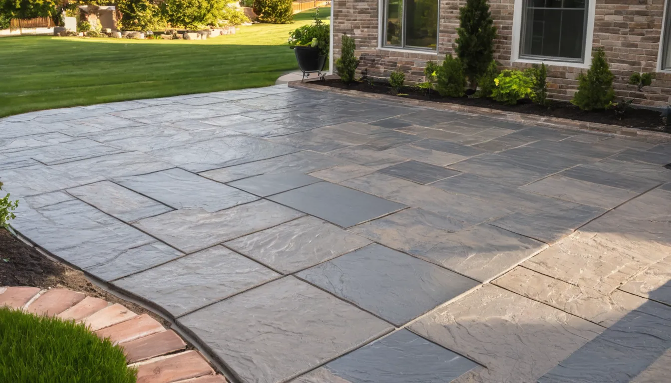 Finished stamped concrete patio with a stone pattern beside a St. Michael area home